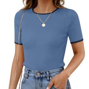 Zeisica Women's Short Sleeve Blue Ribbed Tee